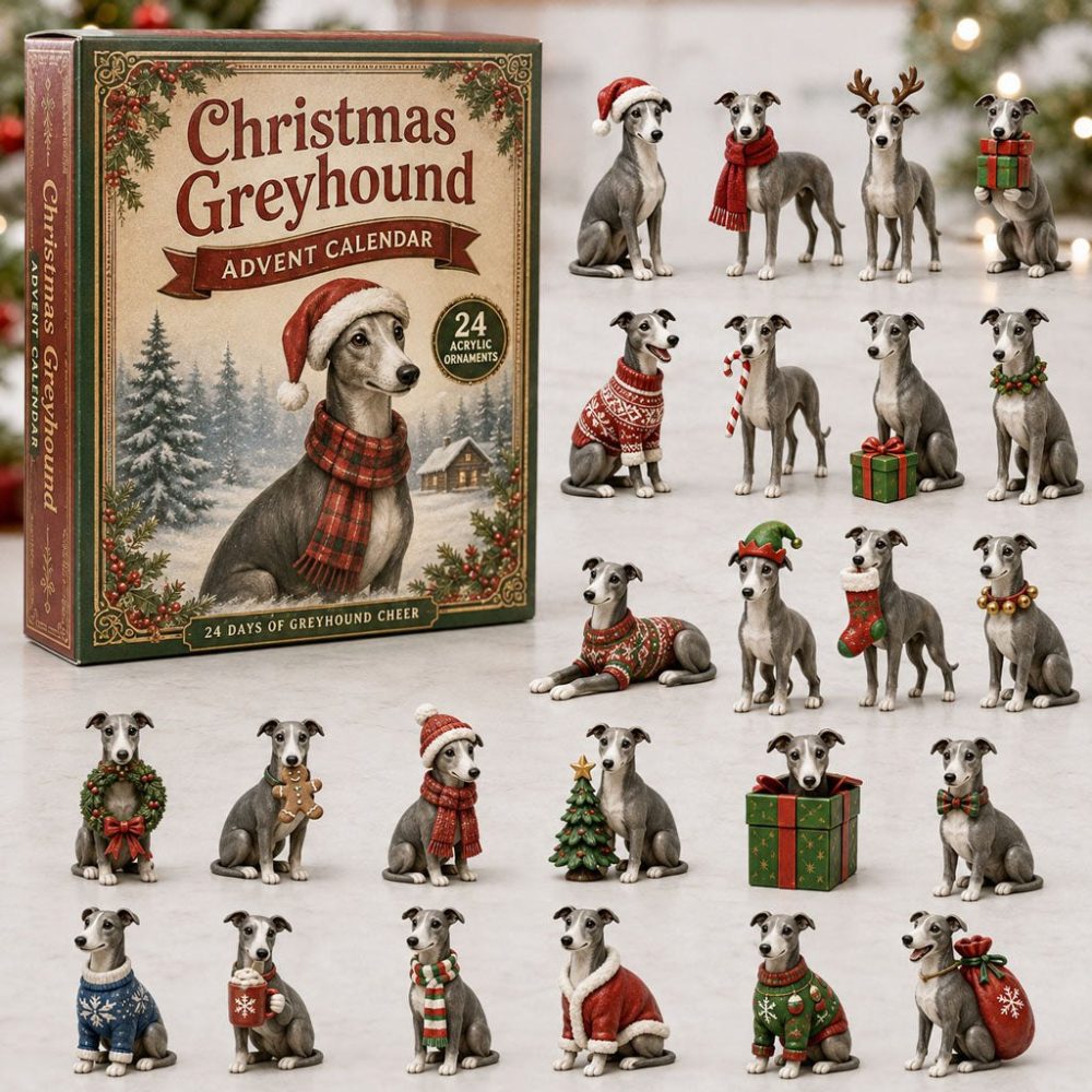Greyhound Festive Family 24-Day Advent Calendar 2026 — Acrylic Holiday Charms, Family-Friendly Greyhound Gift & Decor