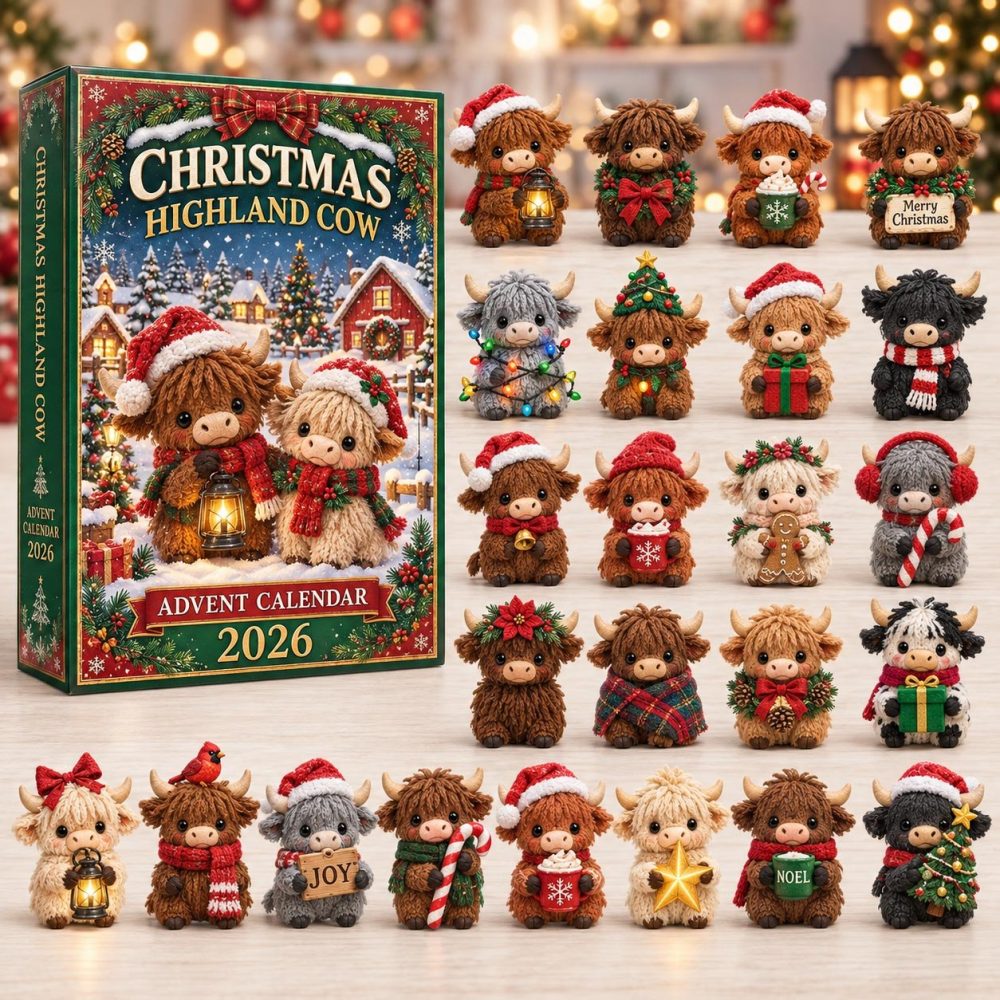 Highland Cow 24-Day Holiday Advent Calendar With Acrylic Charms — 2026 Unique Farmhouse Countdown & Gift-Ready Decor