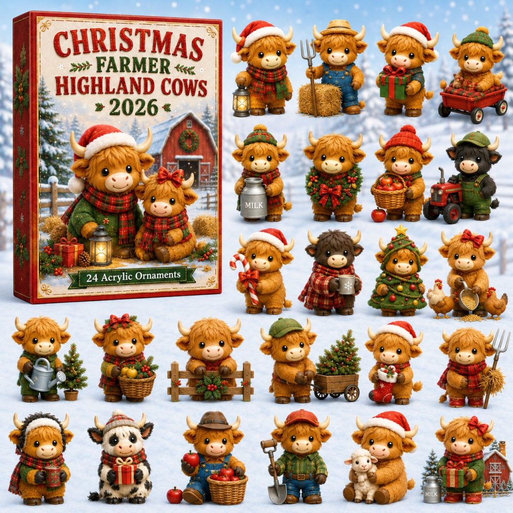 Highland Cow Farmer Advent Calendar — 24-Day Rustic Christmas Countdown With Acrylic Farm Animal Charms, Charming Country Holiday Gift
