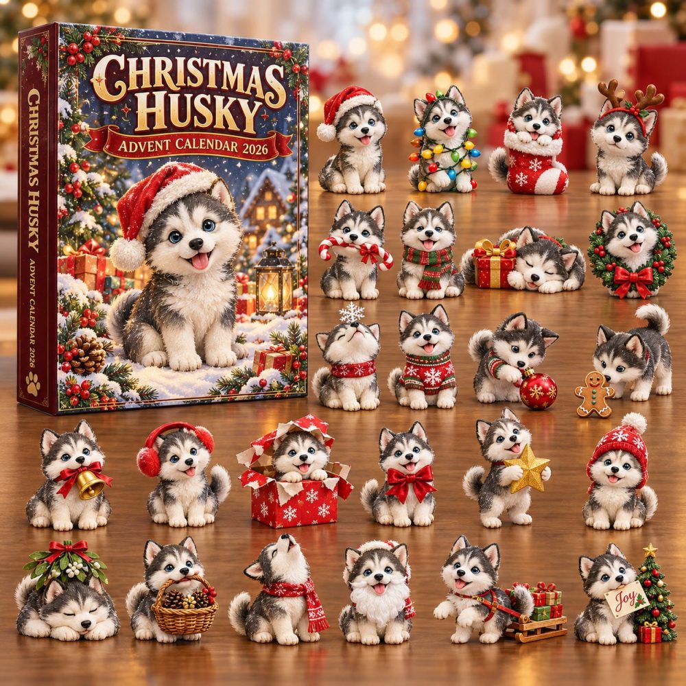 Santa Hat Husky Puppy Countdown - 24 Acrylic Husky & Puppy Charms For 2026 Holiday Advent, Adorable Dog Lover Gift