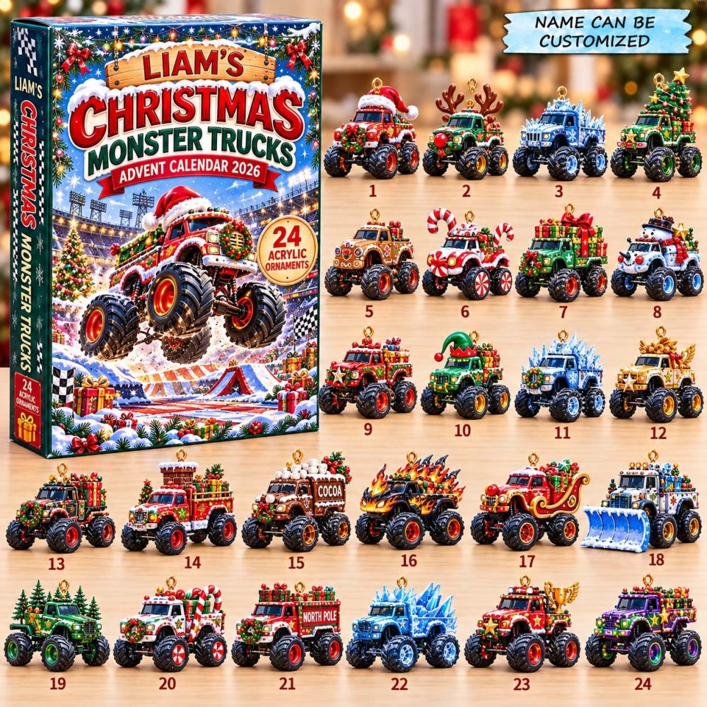 2026 Monster Trucks Christmas 24-Day Advent Countdown With Big Wheel Acrylic Charms - Extreme Vehicle Holiday Countdown Calendar