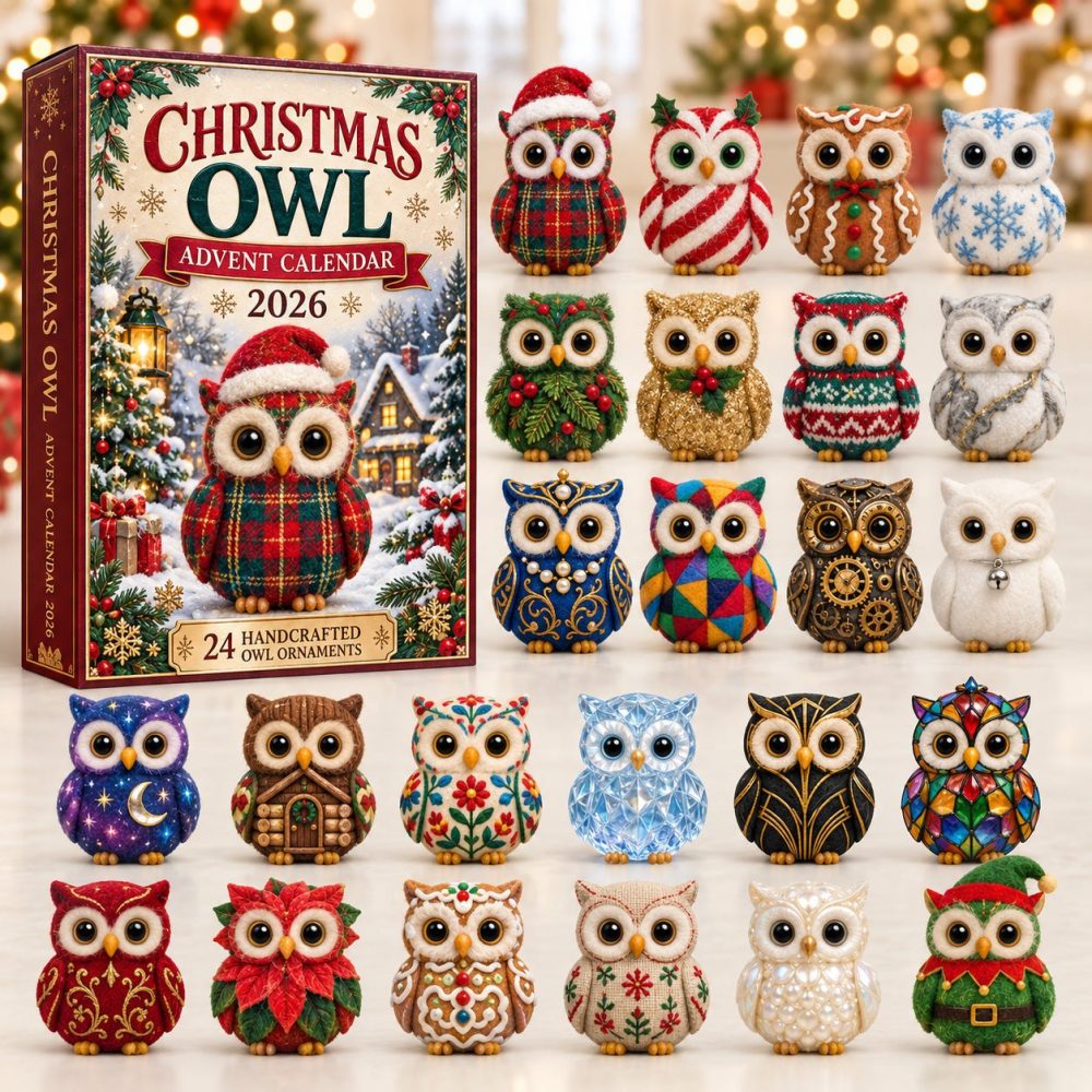 Plaid Patchwork Christmas Owl Countdown - 24 Acrylic Patchwork Owl Charms For 2026 Advent, Cozy Holiday Gift