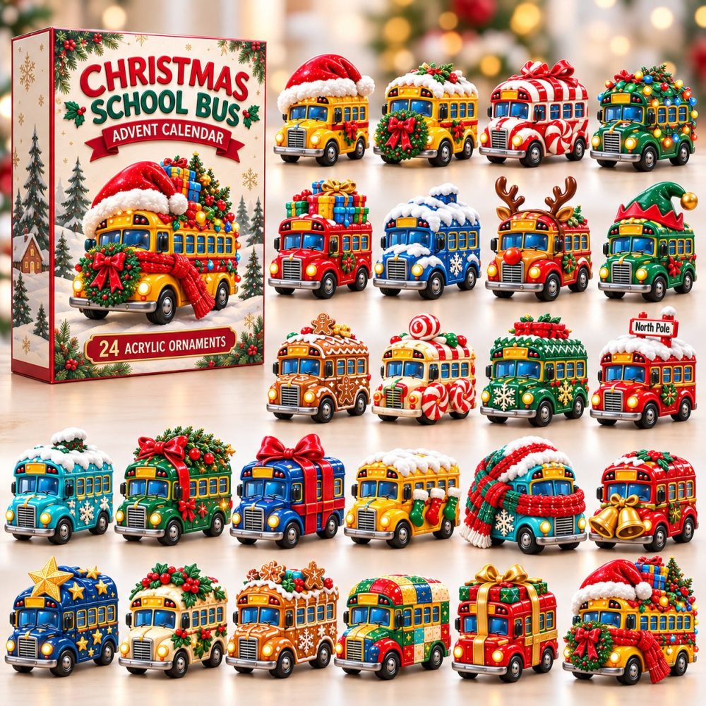 2026 Christmas School Bus 24-Day Advent Countdown With Removable Acrylic Charms - Kids Yellow Bus Holiday Activity & Gift Calendar