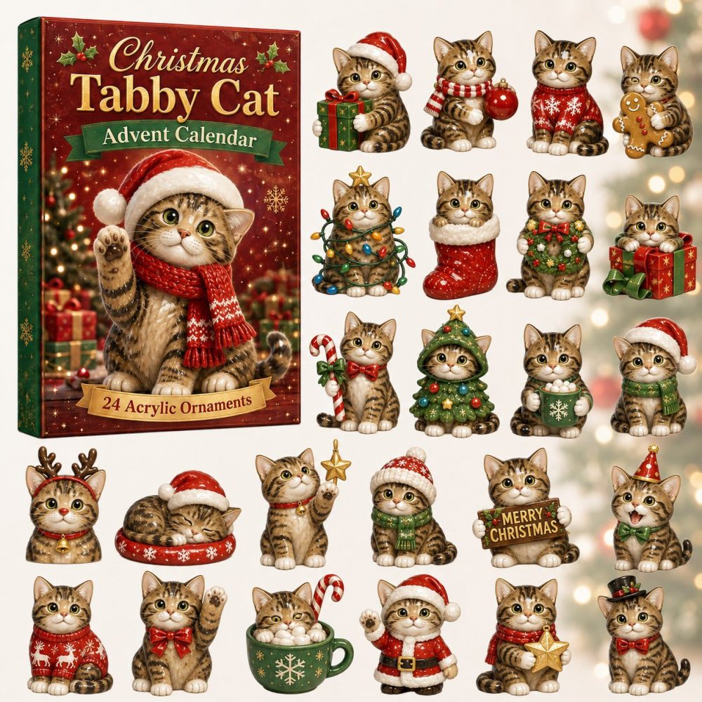 Tabby Cat Christmas Advent Calendar 2026 - 24-Day Acrylic Charm Countdown With Adorable Cat Ornaments & Gift Box