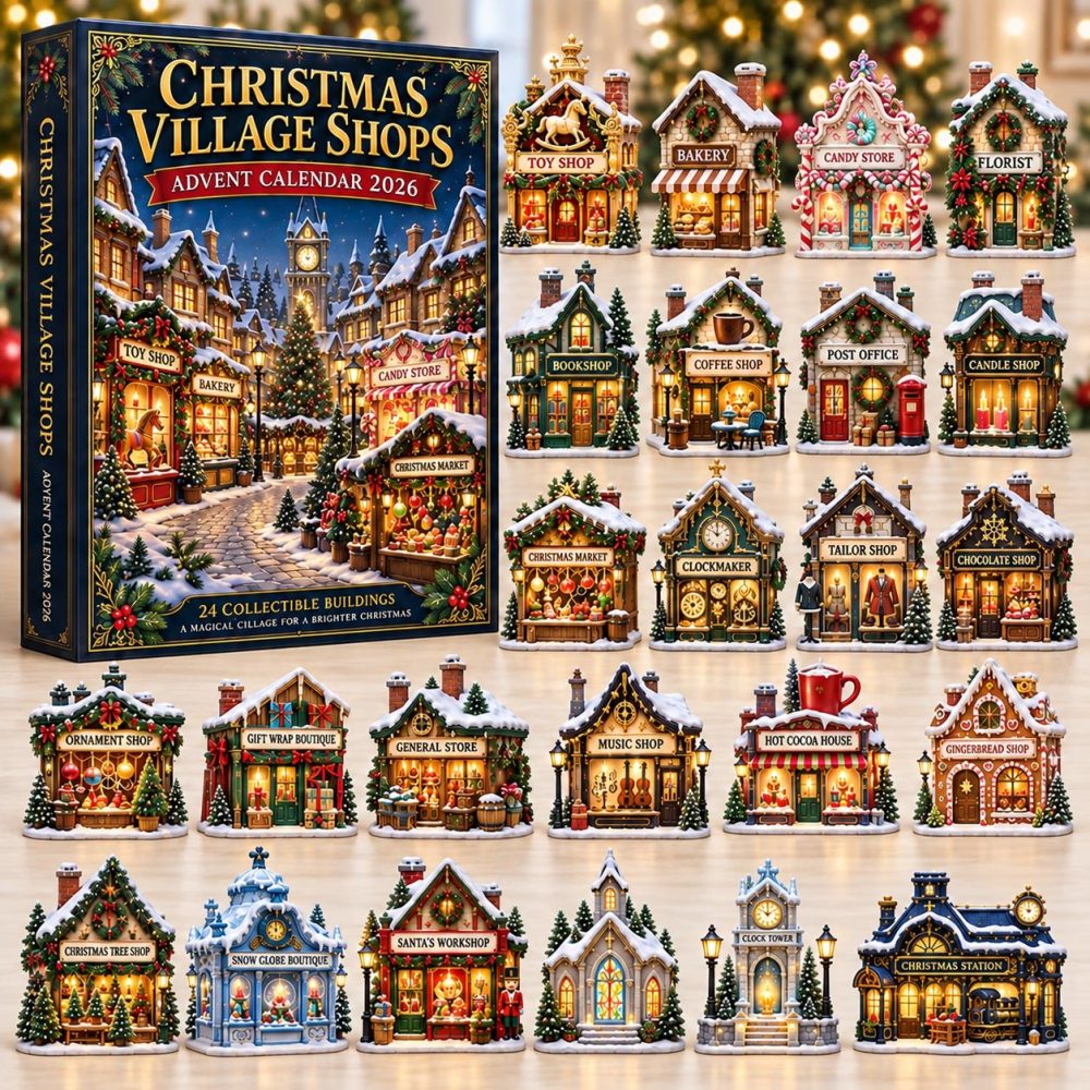 Christmas Village Shops Holiday Countdown Calendar 2026 — 24 Miniature Acrylic Charms, Festive Village Ornament Set & Holiday Gift