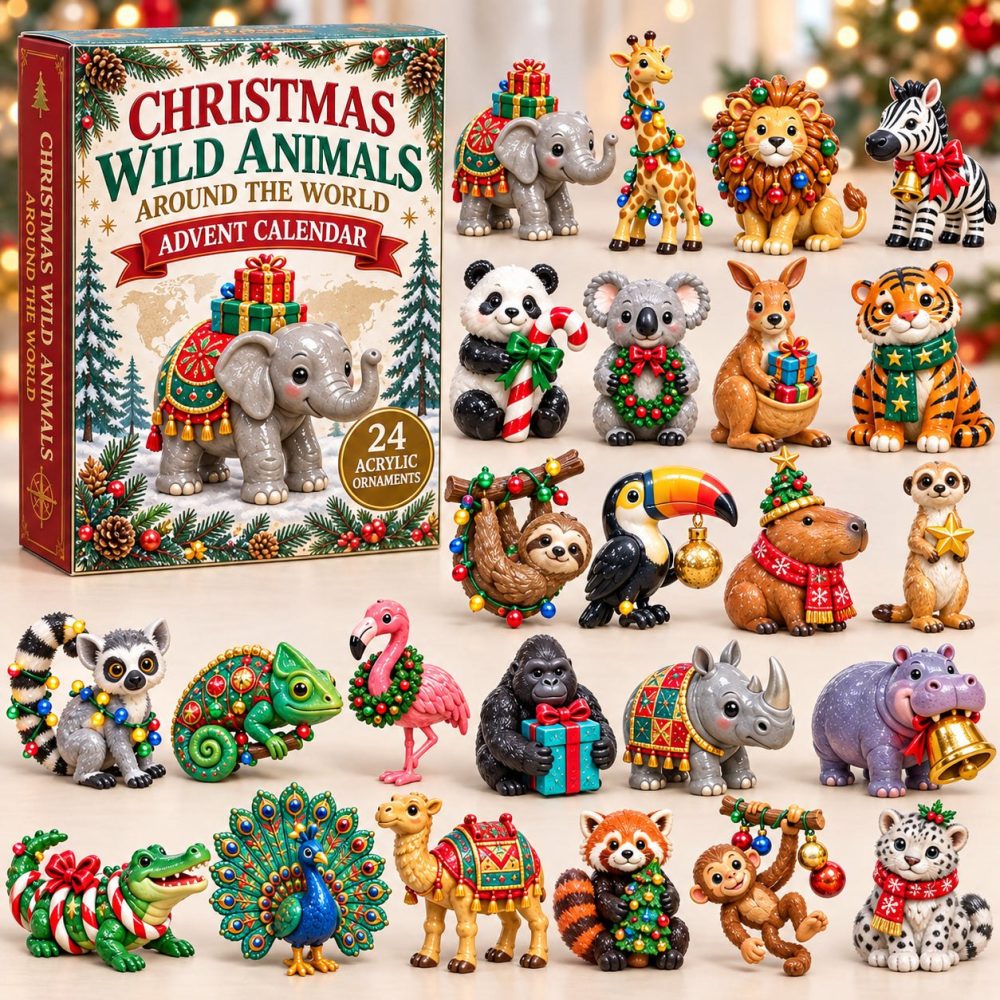 24-Day Wild Animals Holiday Adventure Calendar With Acrylic Charms — Safari & Forest Creatures Collectible Ornaments, Gift Boxed