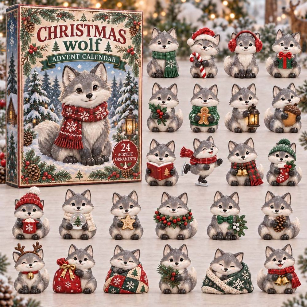 2026 Christmas Wolf Pup Scarf Advent Calendar — 24-Day Cozy Canine Countdown With Acrylic Charms, Cute Holiday Gift For Kids