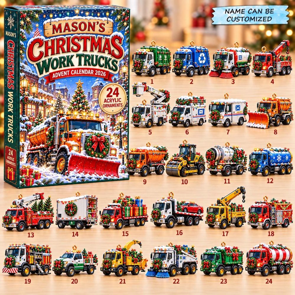 2026 Christmas Work Trucks 24-Day Advent Countdown With Collectible Acrylic Charms - Construction Vehicle Kids Holiday Gift Calendar