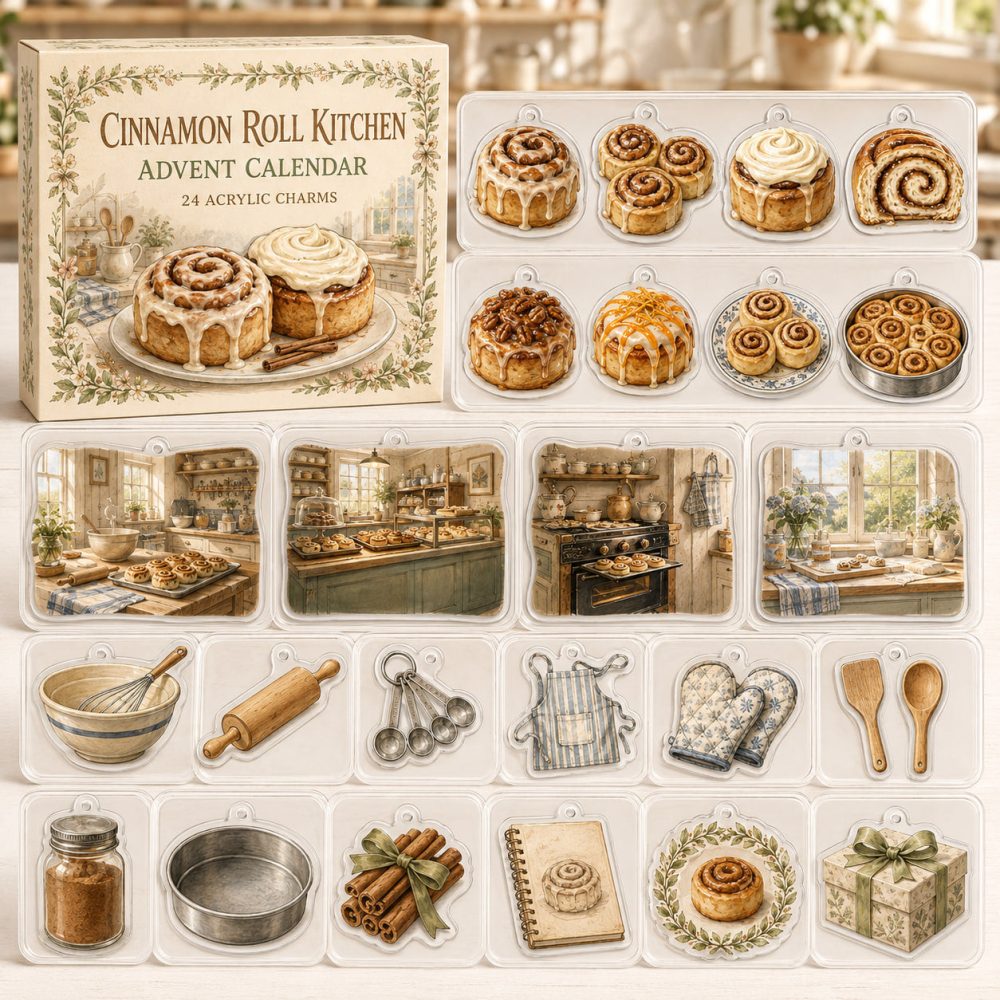 Cinnamon Roll Baking Advent Calendar — 24 Acrylic Pastry Charms For Bakers & Foodies , Cozy Kitchen Countdown Gift Set