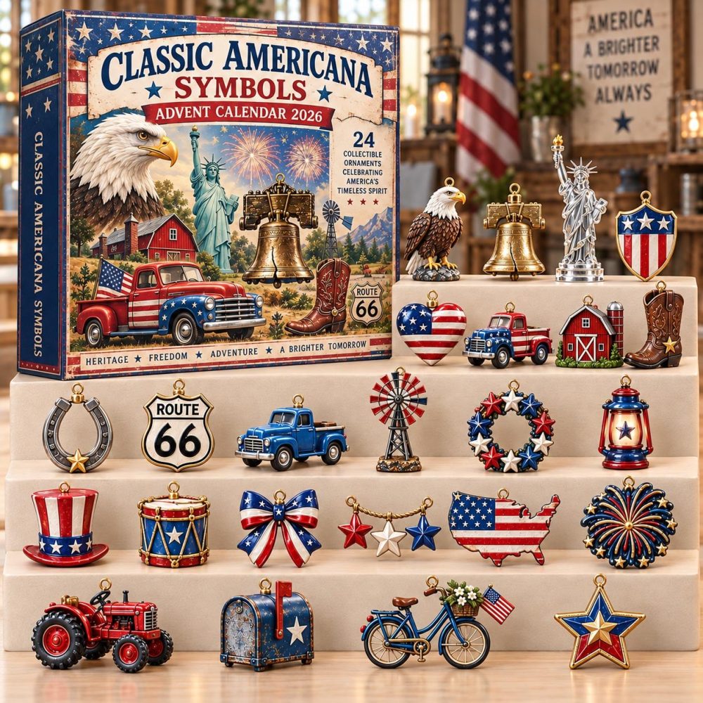 Classic American Symbols Holiday Countdown Calendar 2026 — 24 Patriotic Acrylic Charms, Stars & Stripes Christmas Gift & Ornament Set