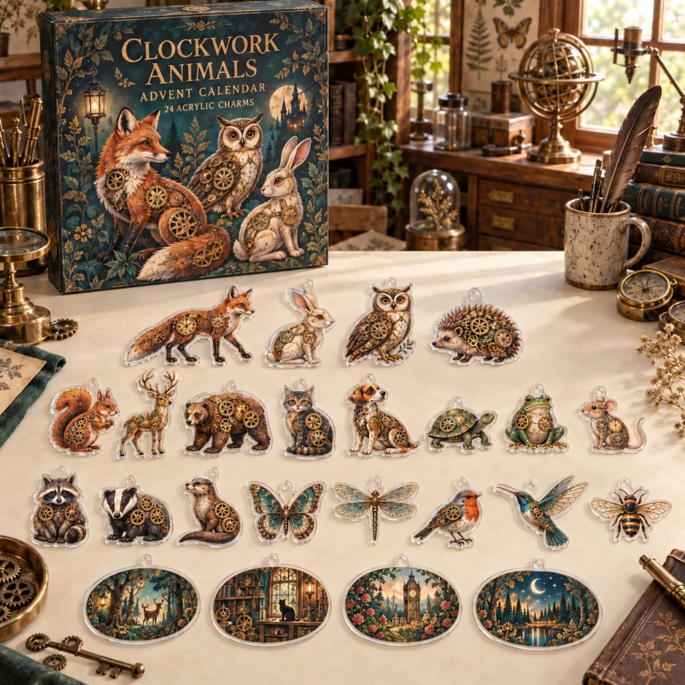 Clockwork Animals 24-Day Mechanical Menagerie Calendar — 24 Acrylic Steampunk Animal Charms For Collectors & Gifts