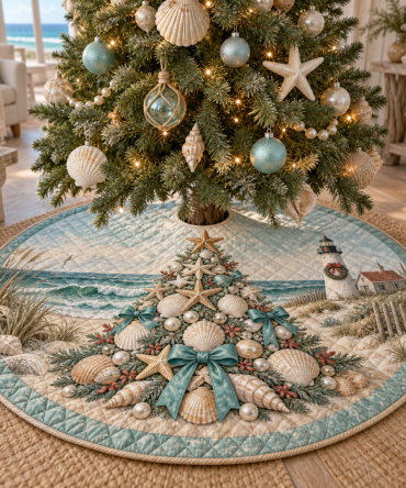 Coastal Pearl Quilted Tree Skirt - Nautical-Inspired Christmas Tree Skirt With Subtle Shell & Pearl Details For Beach Homes