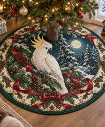 Cockatoo Quilted Tropical Tree Skirt — Exotic White Parrot Motif, Reversible, Lightweight Fill, Bright Holiday Statement Piece, Easy Care