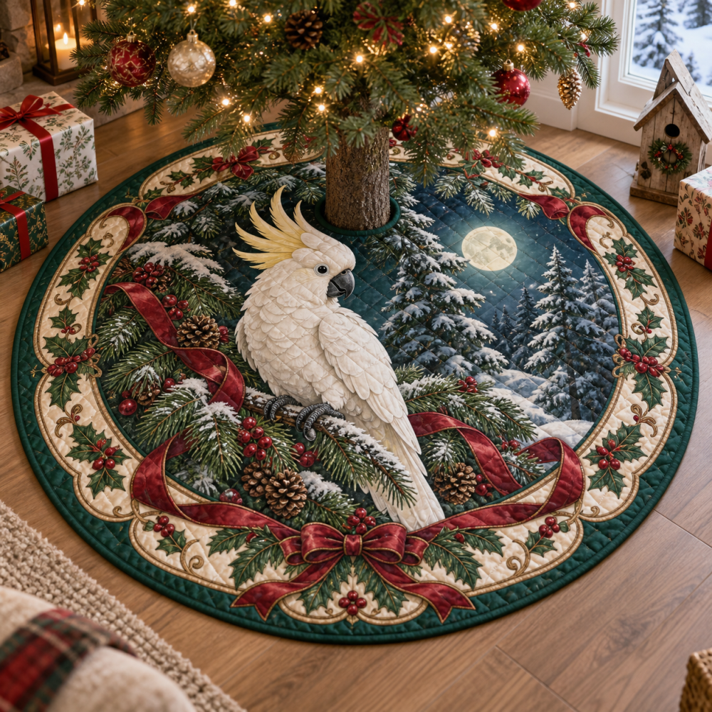 Cockatoo Quilted Tropical Tree Skirt — Exotic White Parrot Motif, Reversible, Lightweight Fill, Bright Holiday Statement Piece, Easy Care