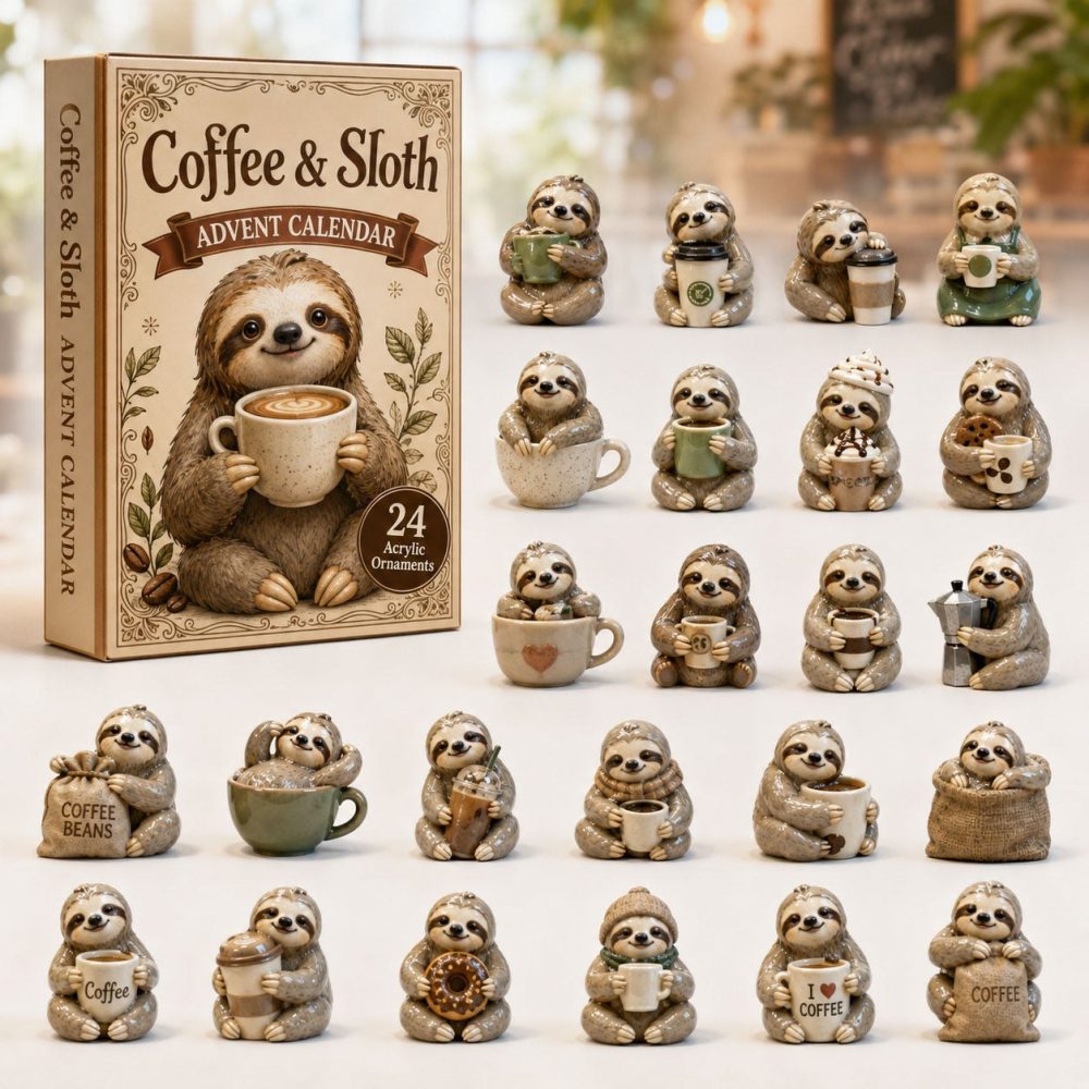 Coffee Sloth 2026 Advent Calendar — 24-Day Cozy Coffee & Relax Acrylic Charms, Sloth Lover Countdown Gift For Coffee Fans