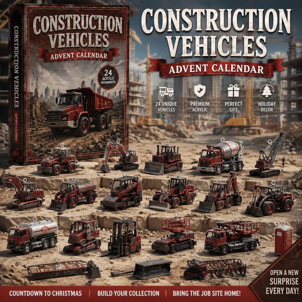 Construction Vehicles Fleet Advent 2026 — 24 Heavy-Duty Mini Vehicle Acrylic Charms, Kids' Stem Play & Holiday Countdown Gift Set