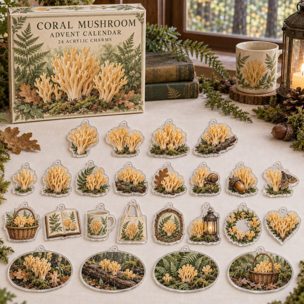 2026 Coral Mushroom Advent Calendar — 24 Colorful Acrylic Mushroom Charms, Ocean-Inspired Holiday Countdown Decor