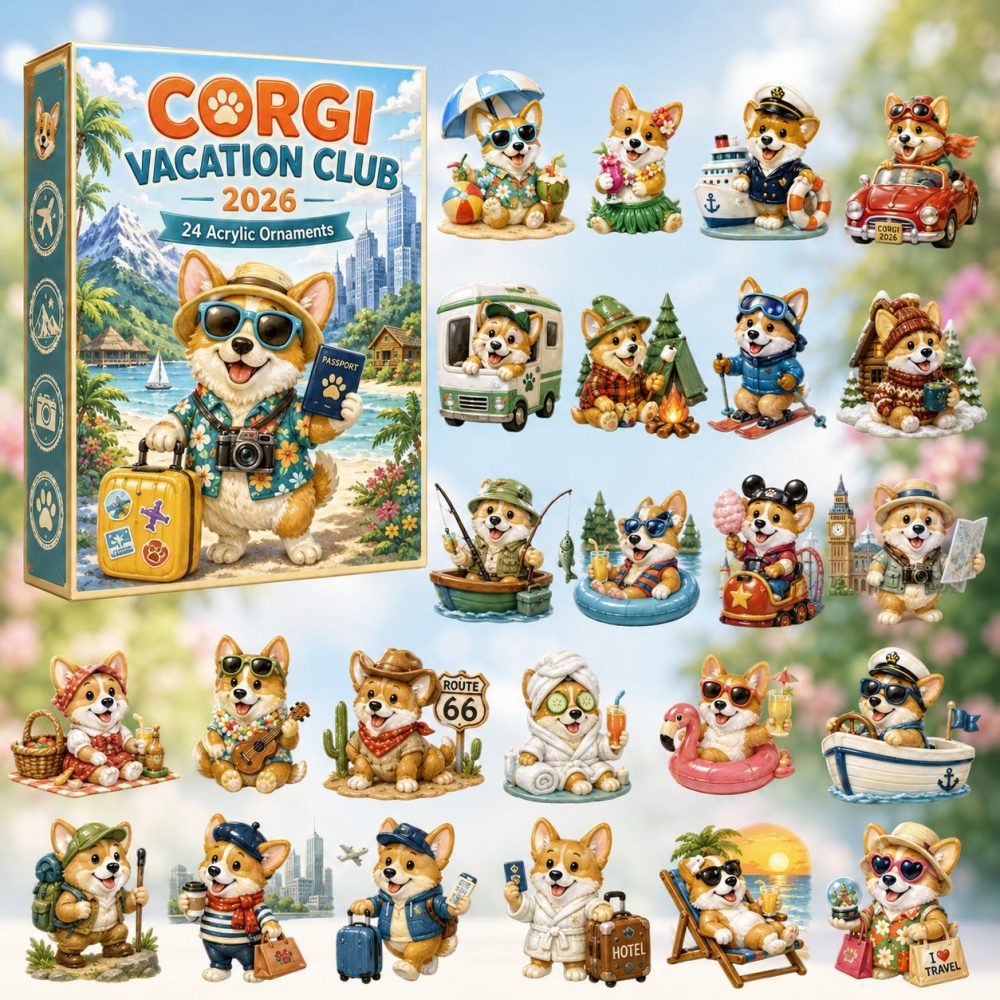 Corgi Vacation 2026 Advent Calendar — 24-Day Travel & Beach-Themed Acrylic Charms, Cute Dog Lover Countdown Gift With Collectible Tokens
