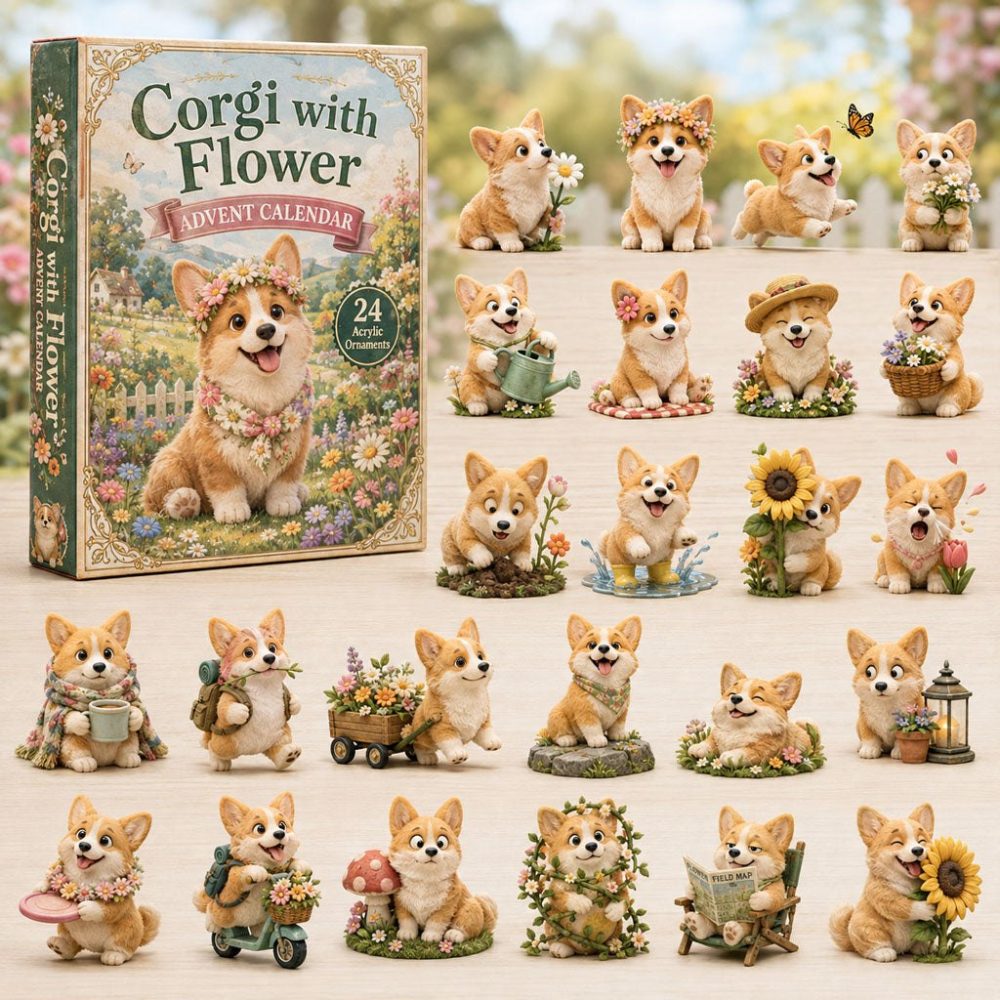 2026 Corgi With Flower Advent Calendar — 24-Day Cheerful Countdown With Floral Acrylic Charms, Gift For Corgi Enthusiasts