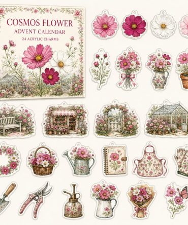 Cosmos Flower Holiday Countdown — 24 Botanical Acrylic Charms For Gardeners & Nature Lovers, Giftable Advent Set