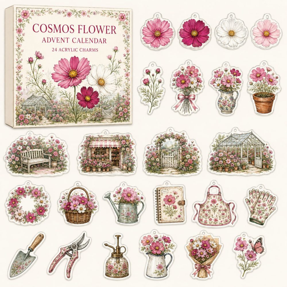 Cosmos Flower Holiday Countdown — 24 Botanical Acrylic Charms For Gardeners & Nature Lovers, Giftable Advent Set