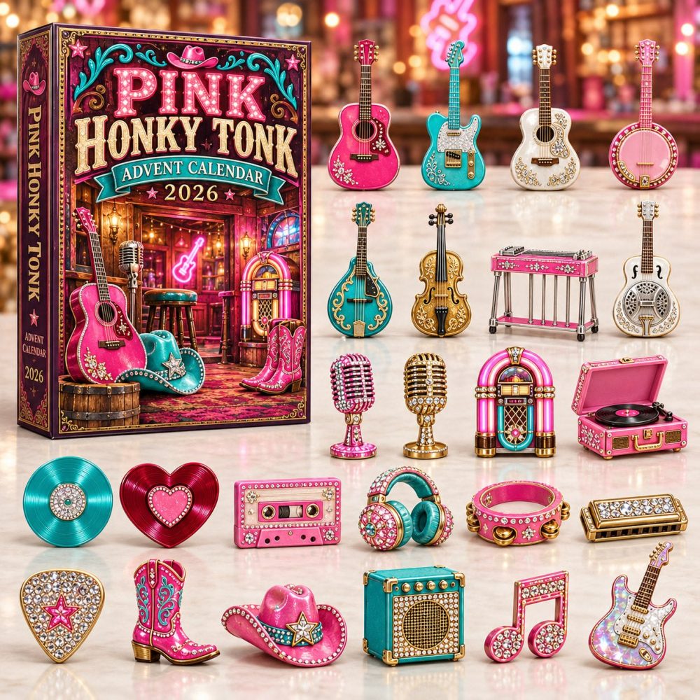 Pink Honky Tonk 24-Day 2026 Retro Country Countdown — Fun Pink Acrylic Charms & Display For Western Chic Holiday Decor And Gifts