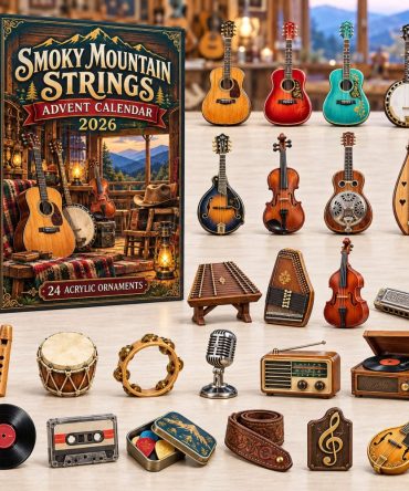 Smoky Mountain Strings 24-Day 2026 Musical Advent — Rustic Guitar & Strings Acrylic Charm Countdown With Display For Music Lovers