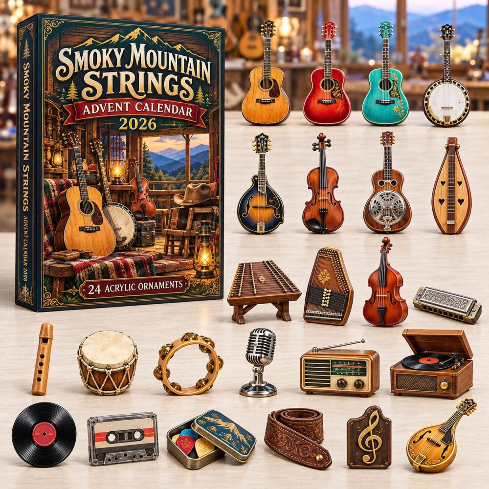 Smoky Mountain Strings 24-Day 2026 Musical Advent — Rustic Guitar & Strings Acrylic Charm Countdown With Display For Music Lovers