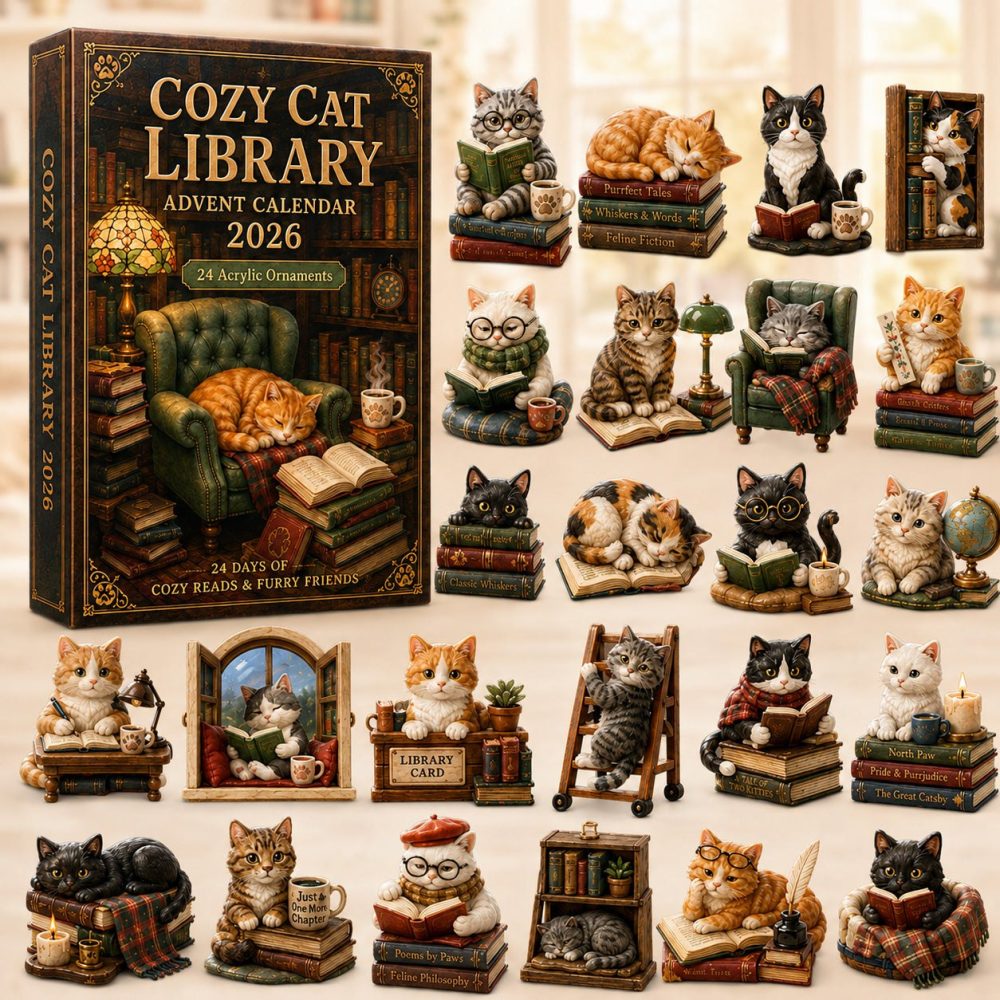2026 Cozy Cat Library Countdown Calendar - 24 Acrylic Charm Surprises, Cute Cat & Books Gift For Cat Lovers