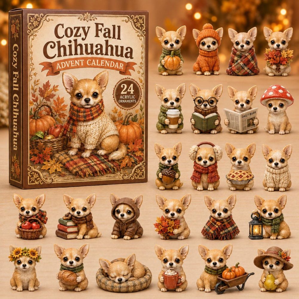 Chihuahua Cozy Fall Advent Calendar 2026 — 24-Day Acrylic Charm Countdown, Tiny Dog Gift For Autumn Lovers