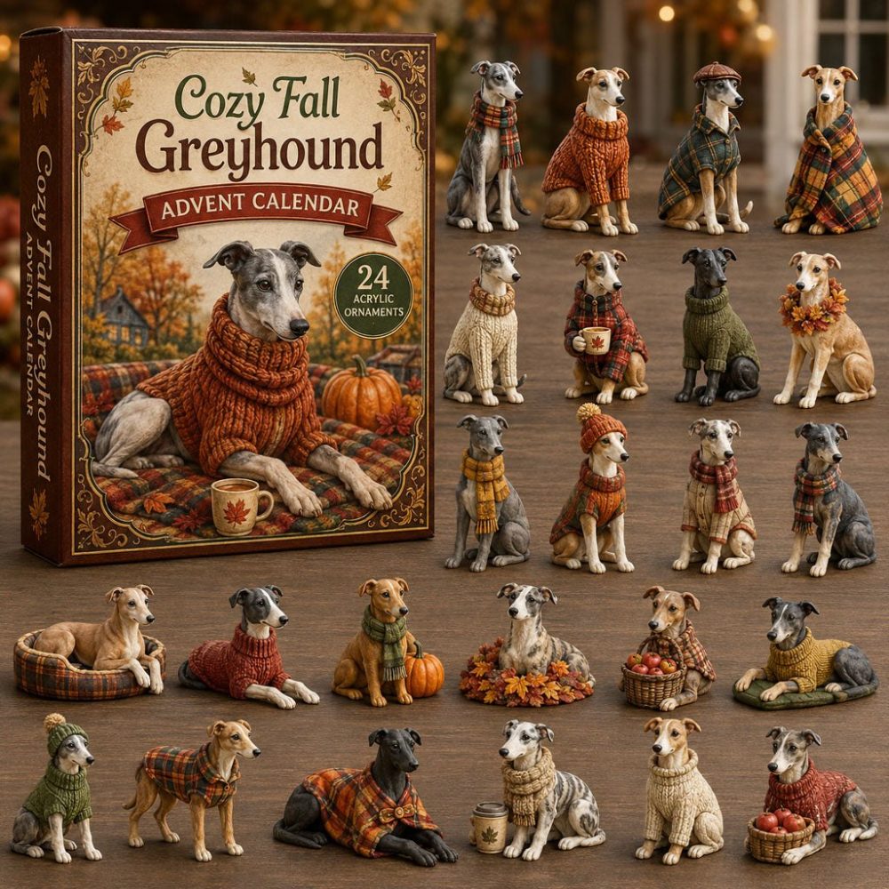 Cozy Fall Greyhound 24-Day Advent Calendar 2026 — Autumn Dog Acrylic Charms, Warm Seasonal Home Gift For Greyhound Lovers