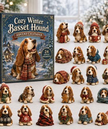 Cozy Basset Winter Countdown 2026 — 24 Acrylic Charm Calendar, Festive Basset Hound Ornaments & Holiday Gift For Dog Fans