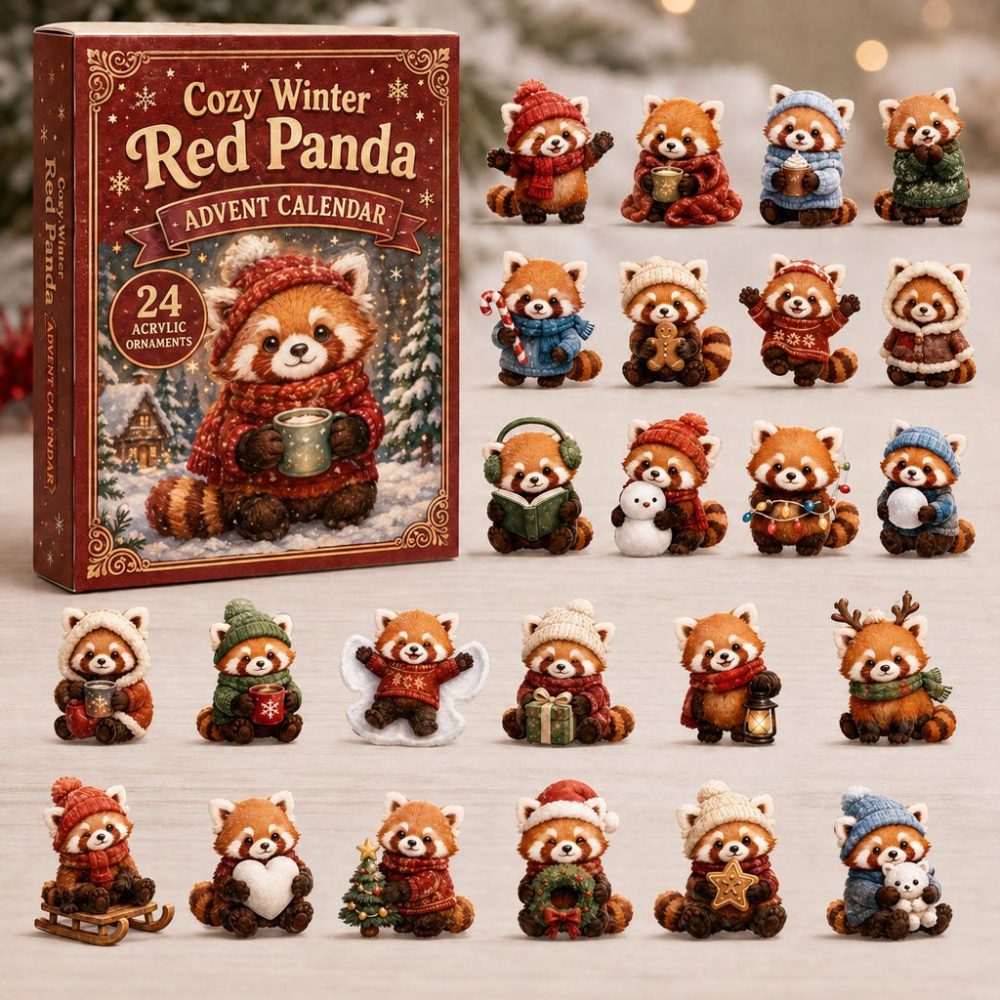 Cozy Winter Red Panda 2026 — 24 Warm Acrylic Charms Advent Calendar, Cute Holiday Gift For Animal & Winter Lovers