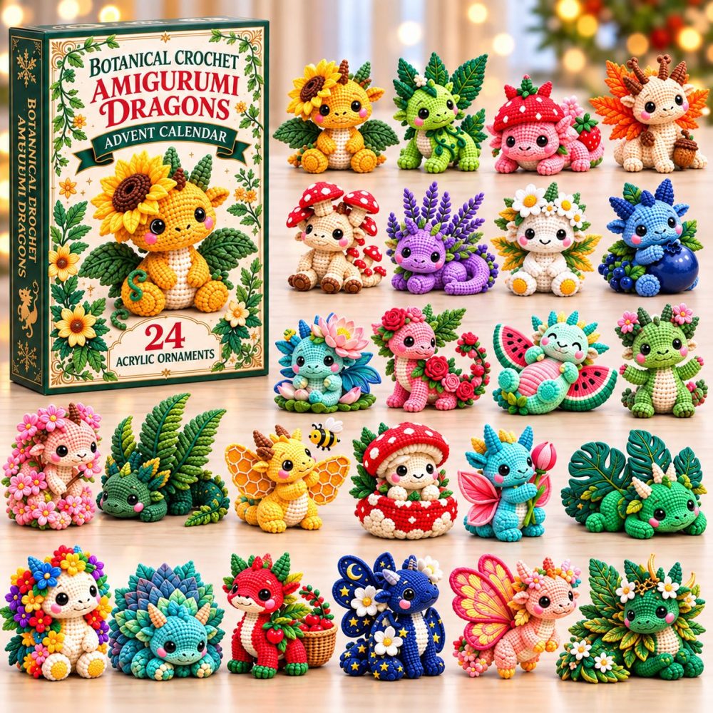 2026 Botanical Crochet Dragon Countdown - 24-Day Handcrafted Advent Calendar With Acrylic Charms, Nature-Inspired Holiday Collectible