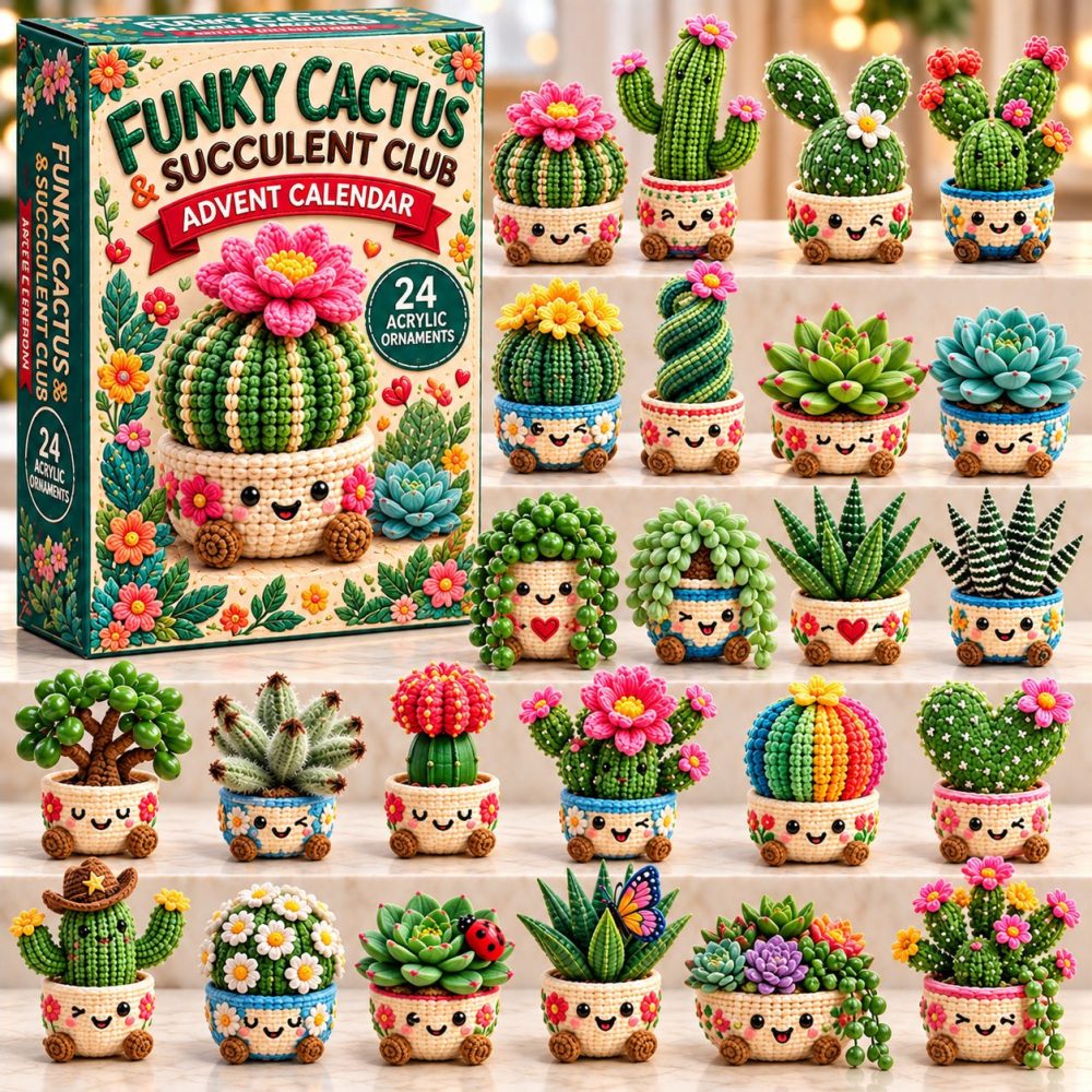 Crochet Cactus Pot Advent Countdown 2026 — 24-Day Acrylic Charm Calendar, Succulent-Themed Holiday Gift For Plant Lovers