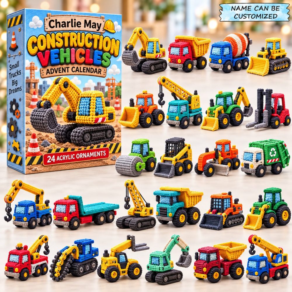 Crochet Construction Vehicles Advent 2026 — 24 Handmade-Style Vehicle Charms, Crochet-Inspired Acrylic Countdown, Cozy Gift For Kids