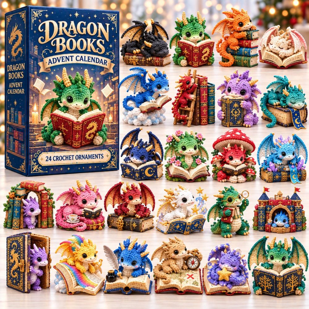 2026 Crochet Dragon Book Countdown - 24-Day Handmade Advent Calendar With Acrylic Charms, Bookish Holiday Gift & Collectible