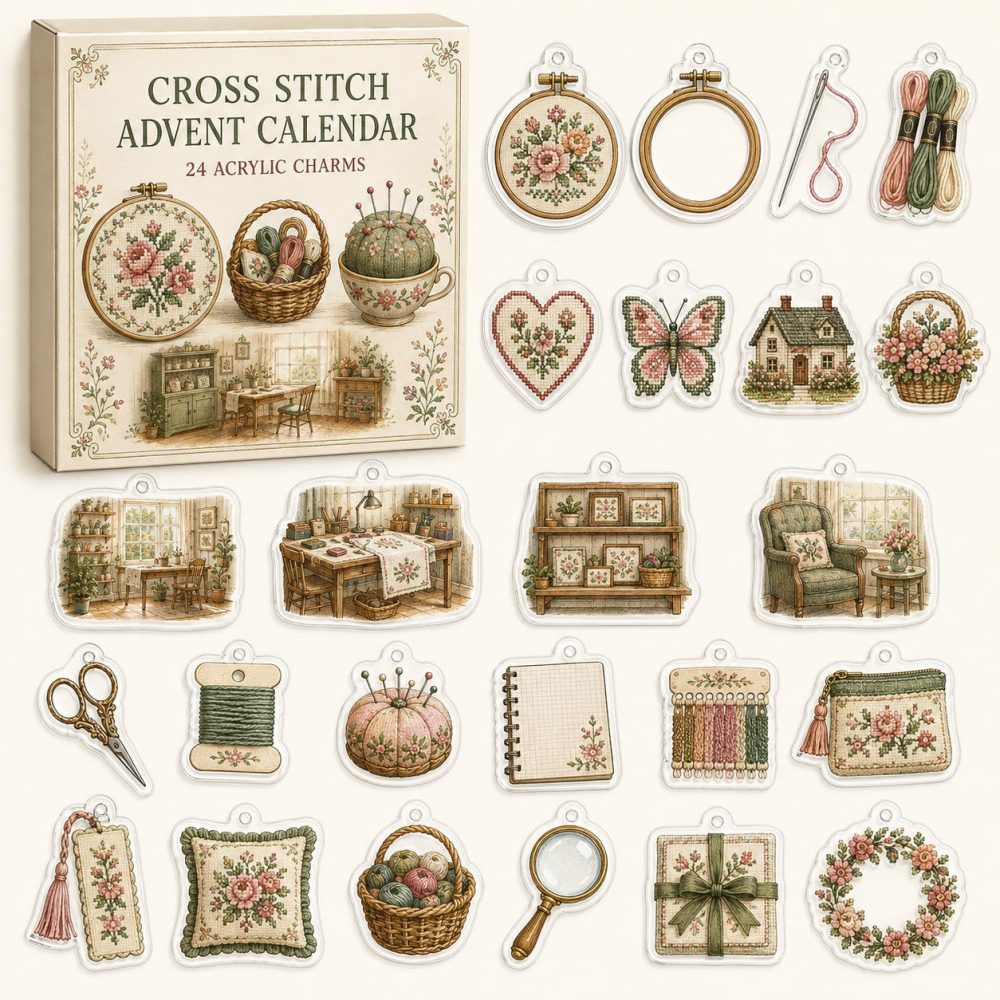 2026 Cross Stitch Advent Calendar - 24 Day Countdown With 24 Acrylic Charms , Embroidery Gift For Crafters