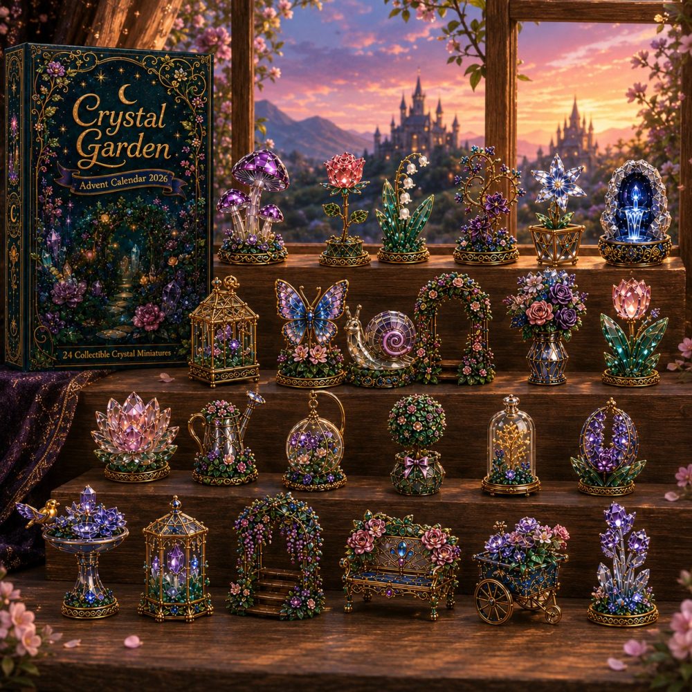 Crystal Garden Advent Calendar 2026 — 24 Botanical & Crystal Acrylic Charms, Healing Gemstone Countdown Kit In Gift-Ready Box
