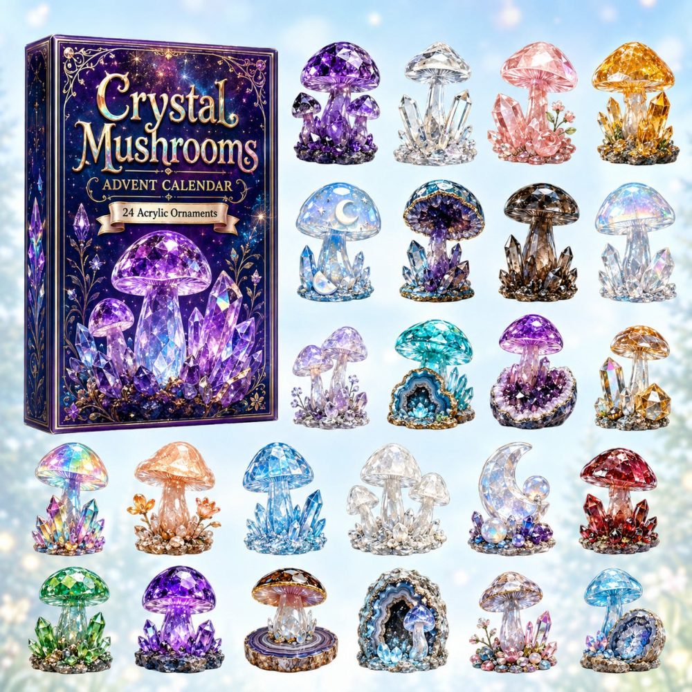 2026 Crystal Mushrooms Advent Calendar — 24-Day Nature-Themed Countdown With Sparkling Acrylic Charms, Gift For Crystal & Mushroom Fans