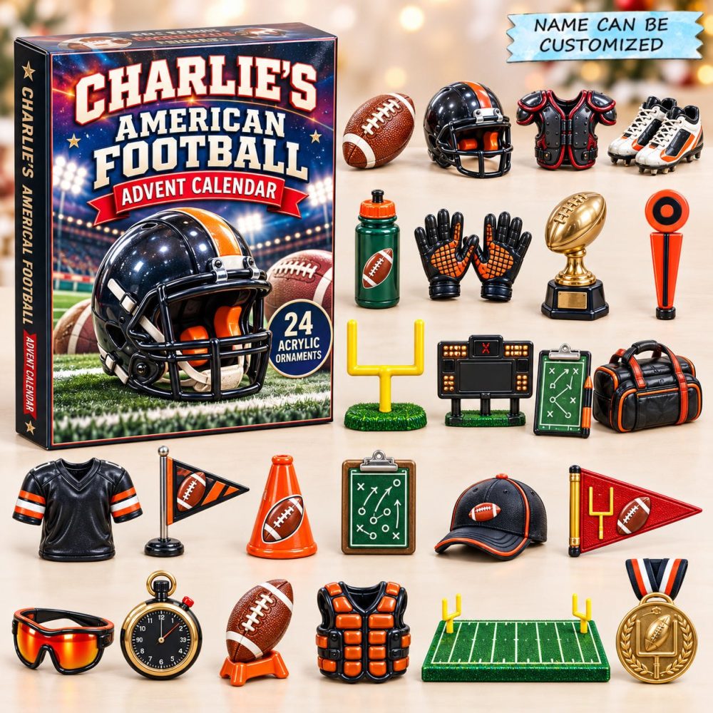 Personalized American Football Advent Calendar 2026 — 24-Day Acrylic Charm Countdown, Custom Name For Gridiron Fans