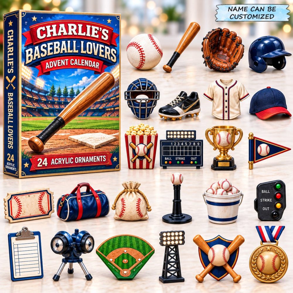 Personalized Baseball Lover Advent Calendar 2026 — 24-Day Acrylic Charm Countdown With Custom Name For Fans