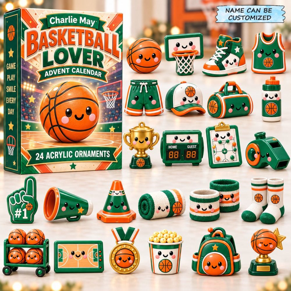 Personalized Basketball Lovers Advent Calendar 2026 — 24-Day Acrylic Charm Countdown, Custom Name For Hoops Fans