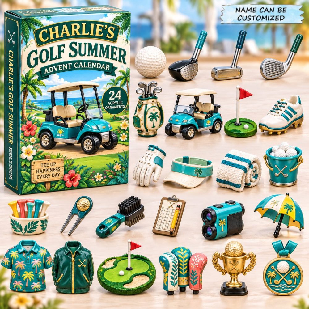 Personalized Golf Summer Advent Calendar 2026 — 24-Day Acrylic Charm Countdown With Custom Name For Golfers
