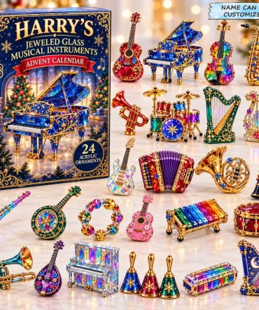 Personalized Jeweled Glass Instruments Advent Calendar 2026 — Custom Name 24-Day Acrylic Charm Countdown With Sparkling Music Charms