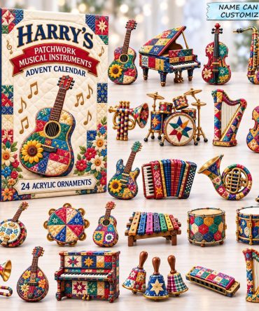 Custom Name Patchwork Music Advent Calendar 2026 — Personalized 24-Day Acrylic Charm Countdown With Colorful Instrument Charms