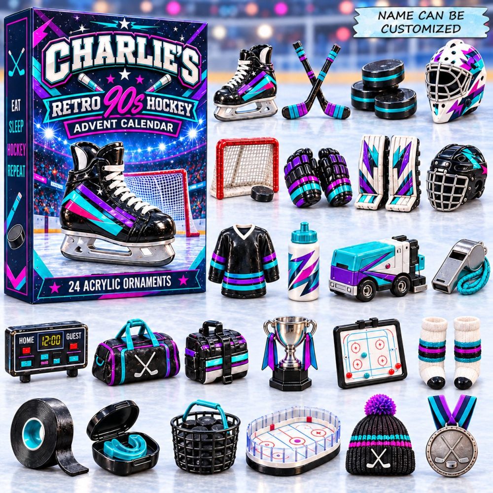 Personalized Retro Hockey Advent Calendar 2026 — 24-Day Acrylic Charm Countdown For Fans, Custom Name Option