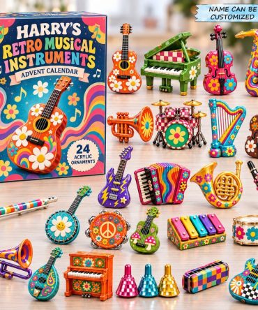 Personalized Retro Musical Instruments Advent Calendar 2026 — Custom Name 24-Day Acrylic Charm Countdown With Vintage Music Charms