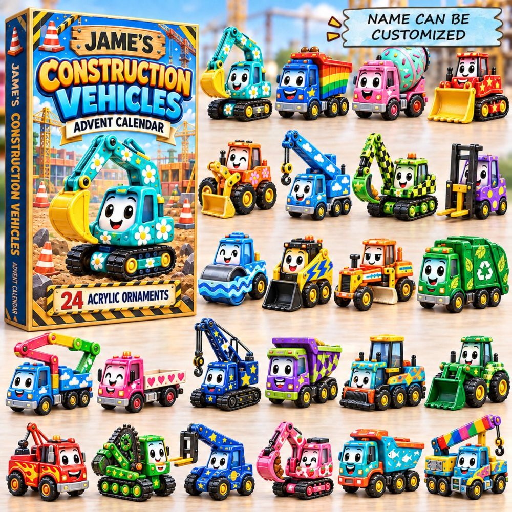 Cute Construction Vehicles Advent 2026 — 24 Kid-Friendly Vehicle Charms In Acrylic, Playful Countdown Calendar & Holiday Gift Set