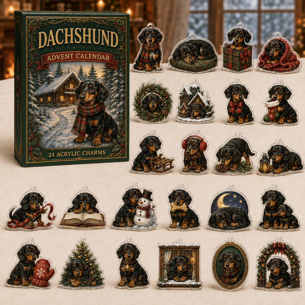Dachshund Winter Holiday Countdown — 24 Acrylic Charms, Festive 24-Day Wiener Dog Gift Set For Dachshund Enthusiasts